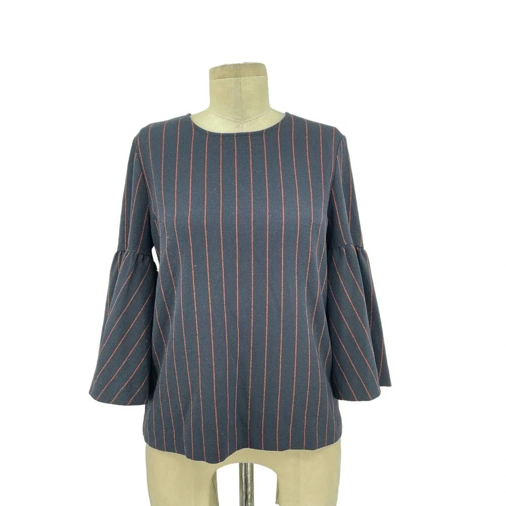 Ganni Clark Bell Sleeve Blouse Navy Blue Red Pinstripe Size 34 / US 2